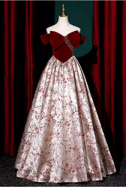 Chic Floral Satin Brocade Burgundy Velvet Bow Off-the-Shoulder Sweet 16 Quinceanera Ball Gown DP7496