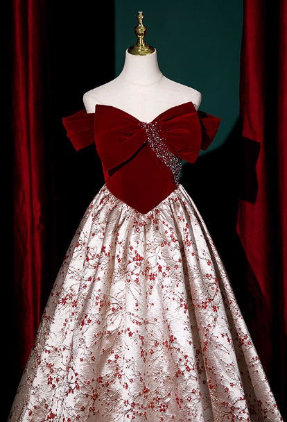 Chic Floral Satin Brocade Burgundy Velvet Bow Off-the-Shoulder Sweet 16 Quinceanera Ball Gown DP7496