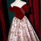 Chic Floral Satin Brocade Burgundy Velvet Bow Off-the-Shoulder Sweet 16 Quinceanera Ball Gown DP7496