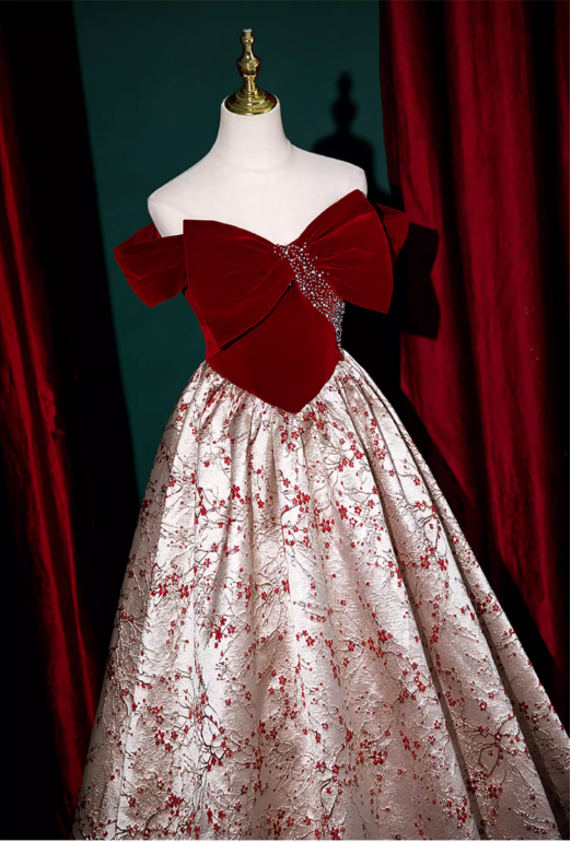 Chic Floral Satin Brocade Burgundy Velvet Bow Off-the-Shoulder Sweet 16 Quinceanera Ball Gown DP7496