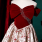 Chic Floral Satin Brocade Burgundy Velvet Bow Off-the-Shoulder Sweet 16 Quinceanera Ball Gown DP7496