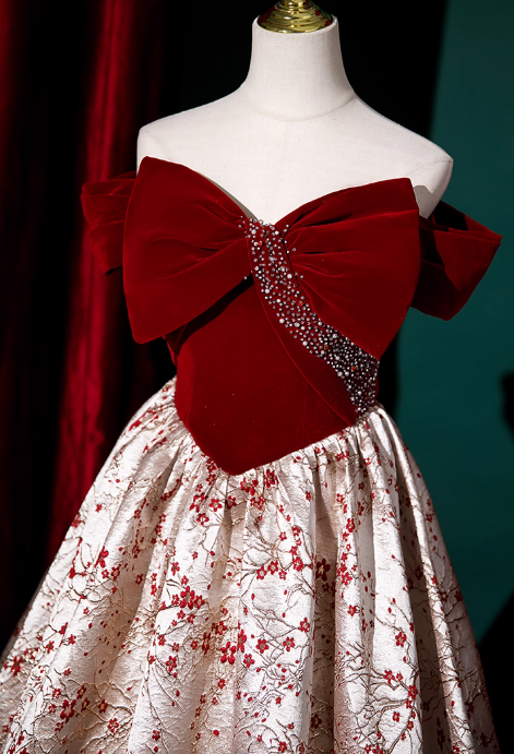 Chic Floral Satin Brocade Burgundy Velvet Bow Off-the-Shoulder Sweet 16 Quinceanera Ball Gown DP7496