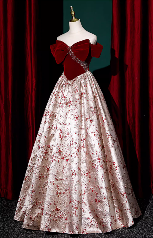Chic Floral Satin Brocade Burgundy Velvet Bow Off-the-Shoulder Sweet 16 Quinceanera Ball Gown DP7496