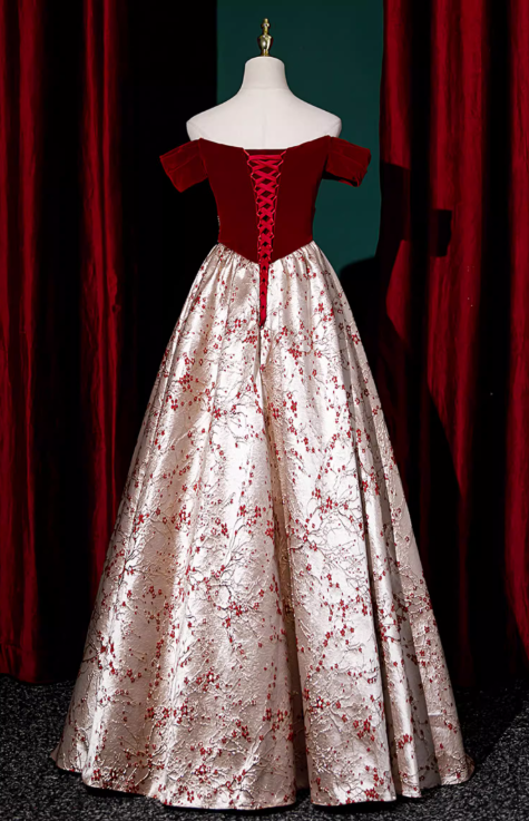 Chic Floral Satin Brocade Burgundy Velvet Bow Off-the-Shoulder Sweet 16 Quinceanera Ball Gown DP7496