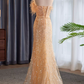 Robe de soirée fourreau sans bretelles à sequins champagne et plumes d'autruche DP7497