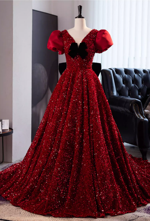 Chic Red Sequin Puff Sleeves Bow Sweet 16 Quinceanera Ball Gown DP7498