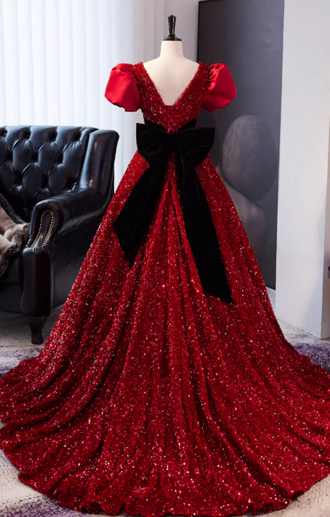 Chic Red Sequin Puff Sleeves Bow Sweet 16 Quinceanera Ball Gown DP7498