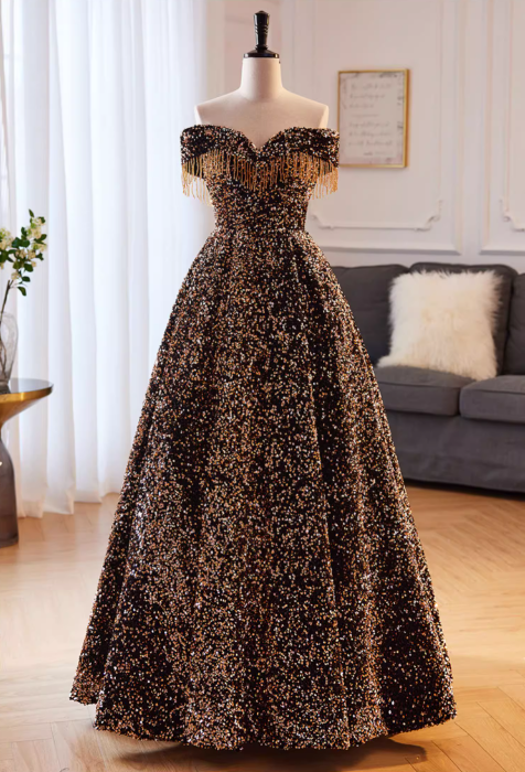 Chic Sequin Off-the-Shoulder Fringe Trim A-Line Sweet 16 Quinceanera Ball Gown DP7499