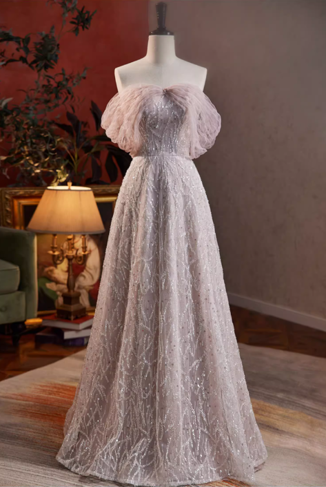 Elegantes, schulterfreies Tüll-Ballkleid mit Glitzerstickerei für Sweet 16 Quinceañera DP7500