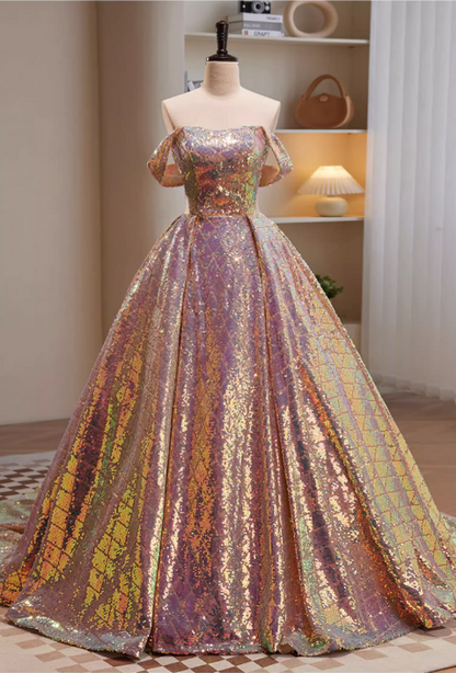 Elegantes, schillerndes, holografisches Paillettenkleid mit schulterfreiem Herzausschnitt für Sweet 16 Quinceañera DP7501