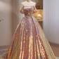 Elegantes, schillerndes, holografisches Paillettenkleid mit schulterfreiem Herzausschnitt für Sweet 16 Quinceañera DP7501