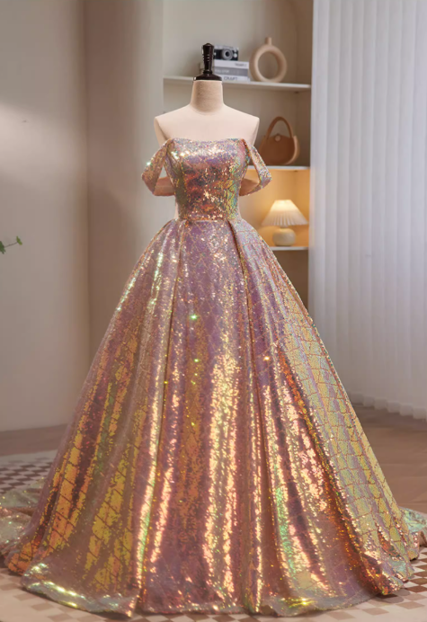 Elegantes, schillerndes, holografisches Paillettenkleid mit schulterfreiem Herzausschnitt für Sweet 16 Quinceañera DP7501