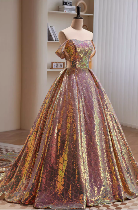 Elegantes, schillerndes, holografisches Paillettenkleid mit schulterfreiem Herzausschnitt für Sweet 16 Quinceañera DP7501