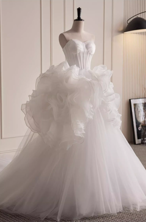 Elegant White Organza Ruffled Strapless Sweetheart Tulle Wedding Dress DP7503