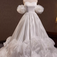 Elegant White Satin Off-the-Shoulder Sweetheart Puff Sleeves 3D Organza Rose Wedding Dress DP7504