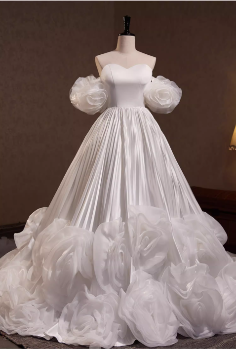 Elegant White Satin Off-the-Shoulder Sweetheart Puff Sleeves 3D Organza Rose Wedding Dress DP7504
