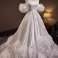 Elegant White Satin Off-the-Shoulder Sweetheart Puff Sleeves 3D Organza Rose Wedding Dress DP7504