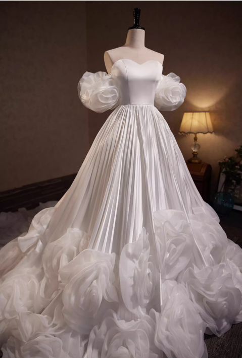 Elegant White Satin Off-the-Shoulder Sweetheart Puff Sleeves 3D Organza Rose Wedding Dress DP7504