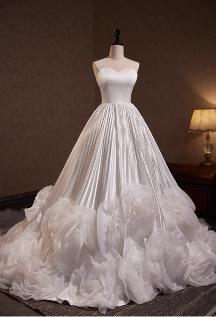 Elegant White Satin Off-the-Shoulder Sweetheart Puff Sleeves 3D Organza Rose Wedding Dress DP7504