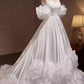 Elegant White Satin Off-the-Shoulder Sweetheart Puff Sleeves 3D Organza Rose Wedding Dress DP7504