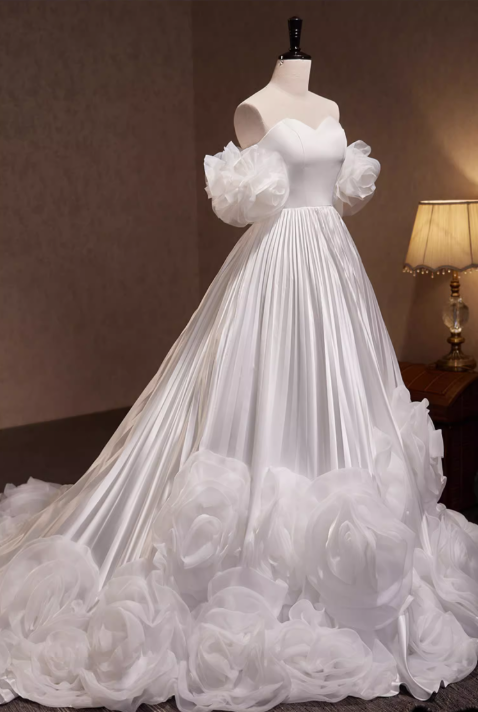 Elegant White Satin Off-the-Shoulder Sweetheart Puff Sleeves 3D Organza Rose Wedding Dress DP7504