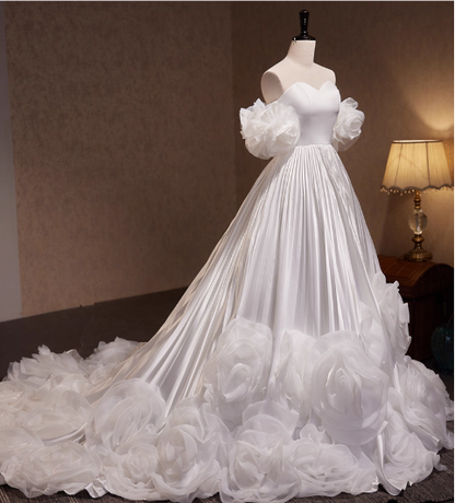 Elegant White Satin Off-the-Shoulder Sweetheart Puff Sleeves 3D Organza Rose Wedding Dress DP7504