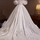 Elegant White Satin Off-the-Shoulder Sweetheart Puff Sleeves 3D Organza Rose Wedding Dress DP7504