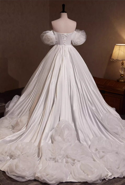 Elegant White Satin Off-the-Shoulder Sweetheart Puff Sleeves 3D Organza Rose Wedding Dress DP7504
