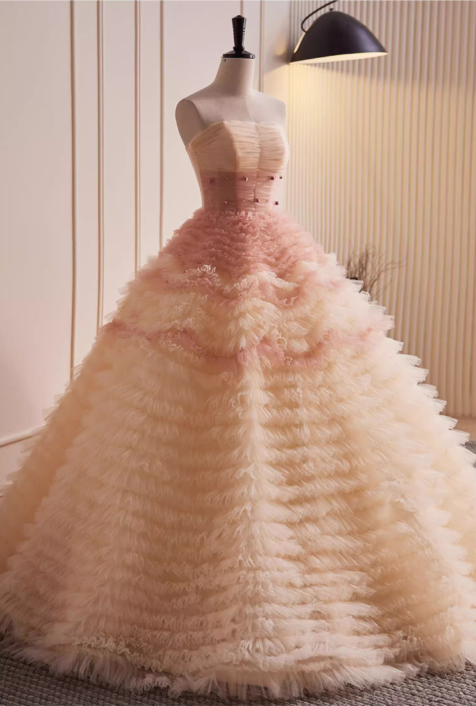 Elegantes, trägerloses Ballkleid aus rosa Ombré-Tüll mit Rüschen für Sweet 16 Quinceañera DP7505