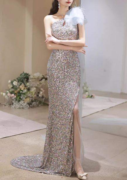 Glamorous Iridescent Sequin One-Shoulder Tulle Feather High Slit Prom Dress Evening Gown DP7507