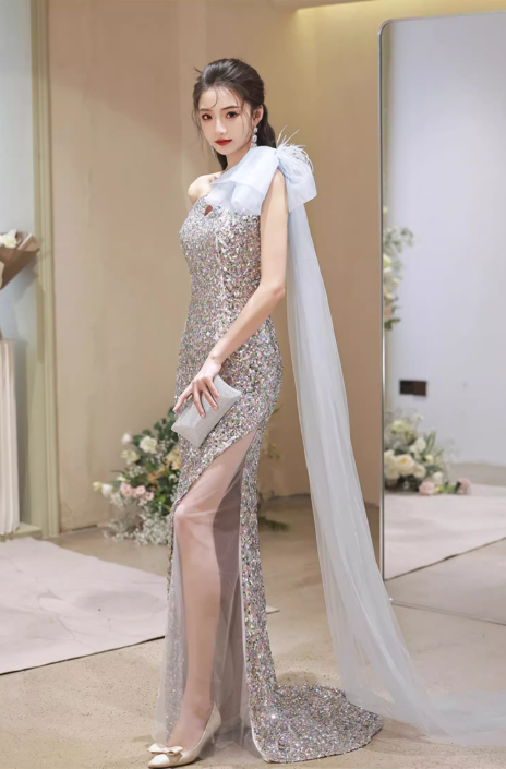 Glamorous Iridescent Sequin One-Shoulder Tulle Feather High Slit Prom Dress Evening Gown DP7507
