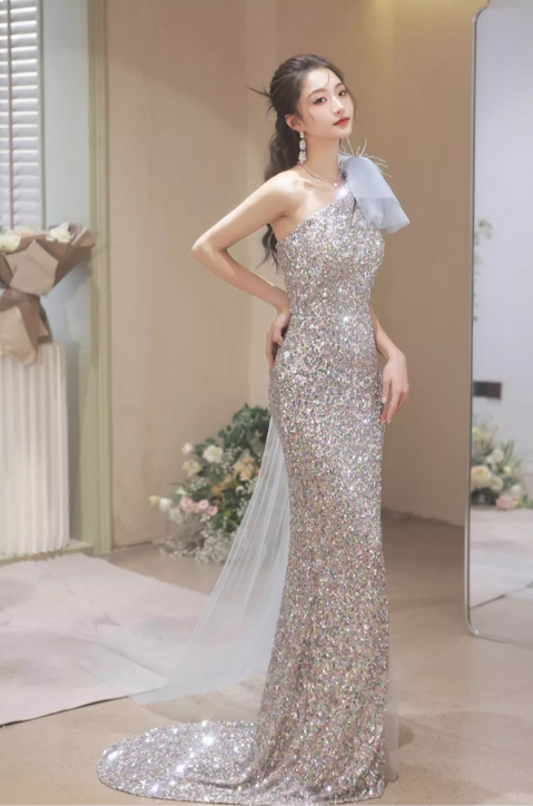 Glamorous Iridescent Sequin One-Shoulder Tulle Feather High Slit Prom Dress Evening Gown DP7507