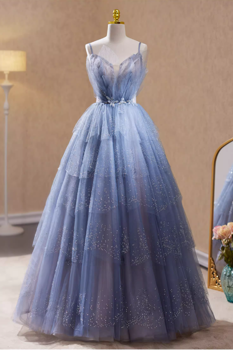 Elegantes hellblaues Glitzer-Tüll-Ballkleid mit Spaghettiträgern für Sweet 16 Quinceañera DP7508