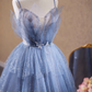Elegantes hellblaues Glitzer-Tüll-Ballkleid mit Spaghettiträgern für Sweet 16 Quinceañera DP7508