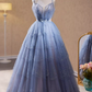 Elegantes hellblaues Glitzer-Tüll-Ballkleid mit Spaghettiträgern für Sweet 16 Quinceañera DP7508
