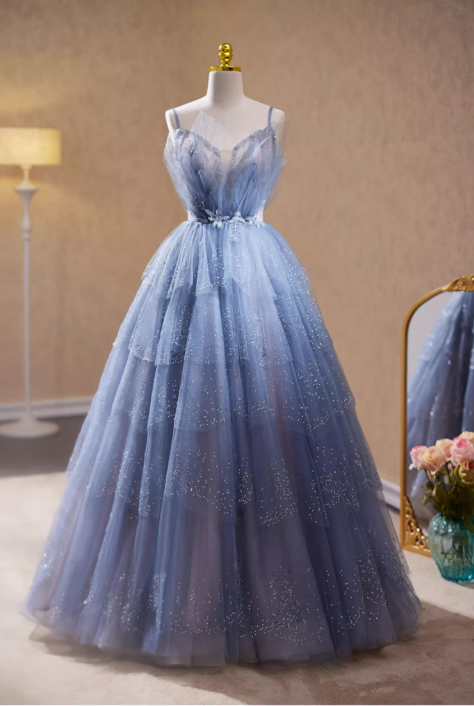 Elegantes hellblaues Glitzer-Tüll-Ballkleid mit Spaghettiträgern für Sweet 16 Quinceañera DP7508