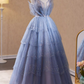 Elegantes hellblaues Glitzer-Tüll-Ballkleid mit Spaghettiträgern für Sweet 16 Quinceañera DP7508
