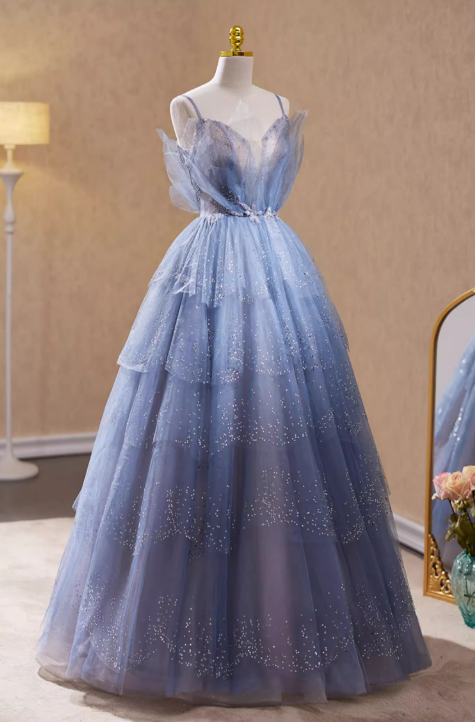 Elegantes hellblaues Glitzer-Tüll-Ballkleid mit Spaghettiträgern für Sweet 16 Quinceañera DP7508