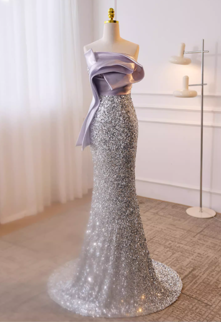 Vintage Silver Sequin Mermaid One-Shoulder Satin Bow Prom Dress Evening Gown DP7509