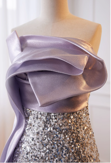 Vintage Silver Sequin Mermaid One-Shoulder Satin Bow Prom Dress Evening Gown DP7509