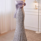 Vintage Silver Sequin Mermaid One-Shoulder Satin Bow Prom Dress Evening Gown DP7509