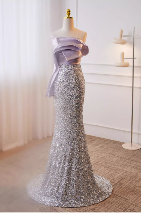Vintage Silver Sequin Mermaid One-Shoulder Satin Bow Prom Dress Evening Gown DP7509