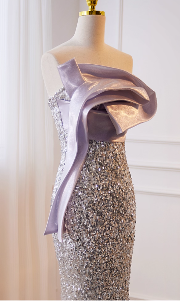 Vintage Silver Sequin Mermaid One-Shoulder Satin Bow Prom Dress Evening Gown DP7509