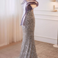 Vintage Silver Sequin Mermaid One-Shoulder Satin Bow Prom Dress Evening Gown DP7509