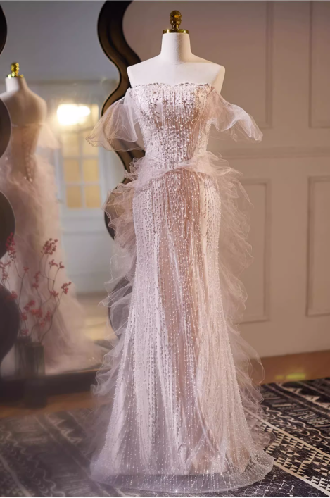 Vintage Beaded Tulle Off-the-Shoulder Ruffled Prom Dress Evening Gown DP7511