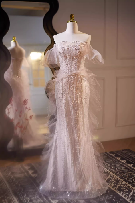 Vintage Beaded Tulle Off-the-Shoulder Ruffled Prom Dress Evening Gown DP7511