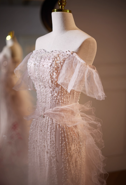 Vintage Beaded Tulle Off-the-Shoulder Ruffled Prom Dress Evening Gown DP7511