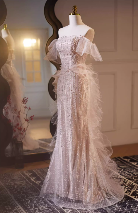 Vintage Beaded Tulle Off-the-Shoulder Ruffled Prom Dress Evening Gown DP7511