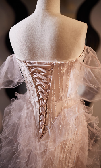 Vintage Beaded Tulle Off-the-Shoulder Ruffled Prom Dress Evening Gown DP7511