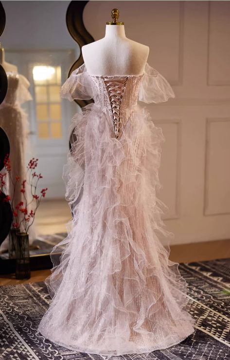 Vintage Beaded Tulle Off-the-Shoulder Ruffled Prom Dress Evening Gown DP7511